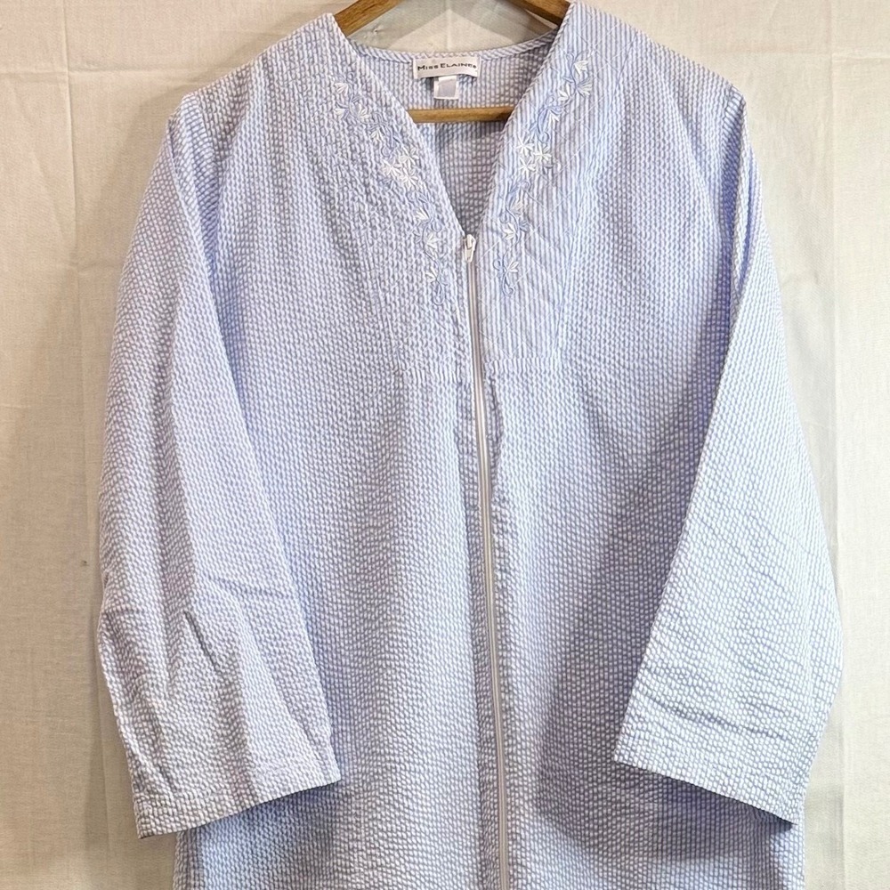 Miss Elaine Seersucker Zip Front Blue/white Floral Embroidered S Costal Grandma - Picture 7 of 8
